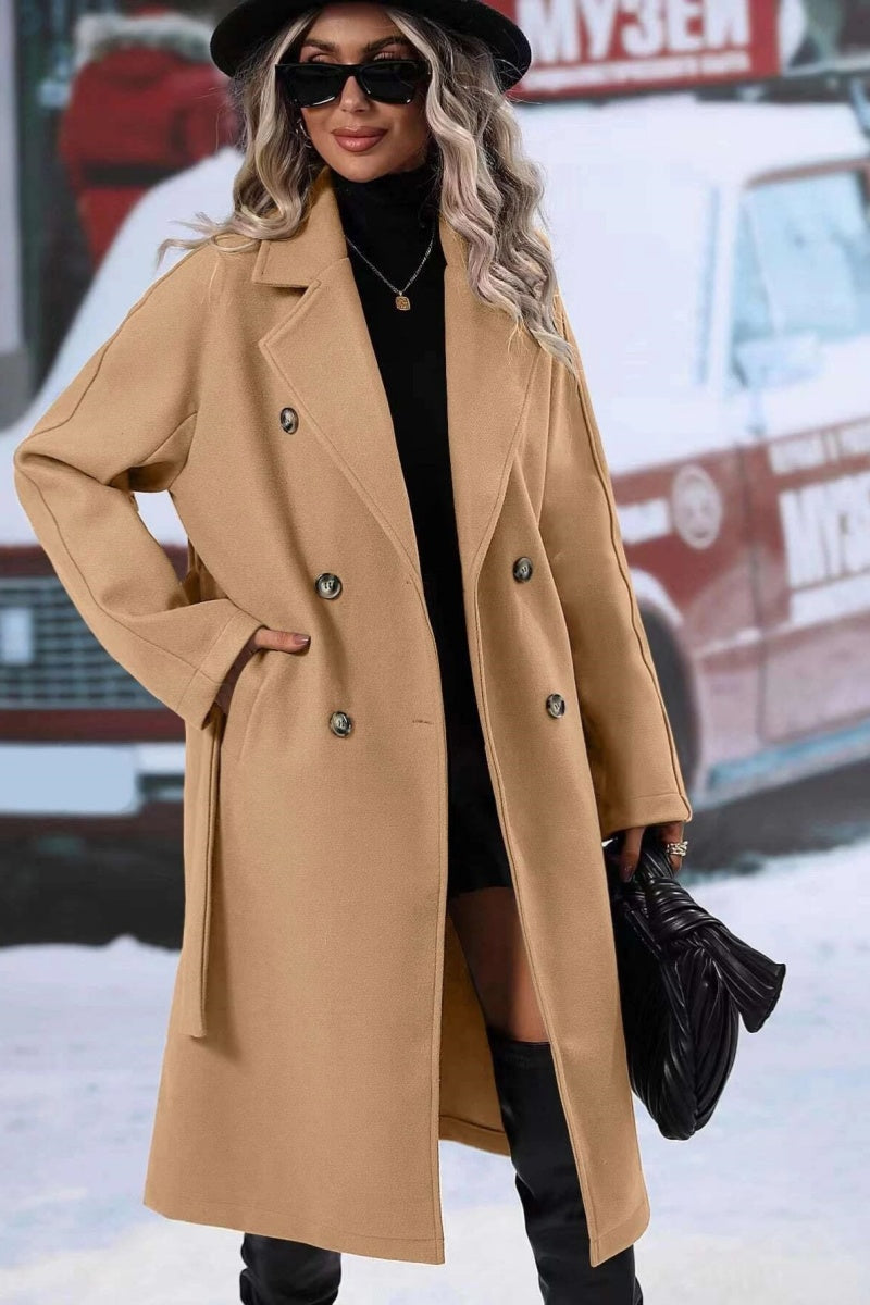 WW | Wool blend long trench coat, double-breasted design, loose fit for winter