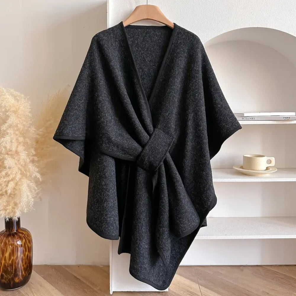 WW | Wool Poncho Scarf Coat with Waist Tie - Knee-Length Draped Cape for Stylish Warmth