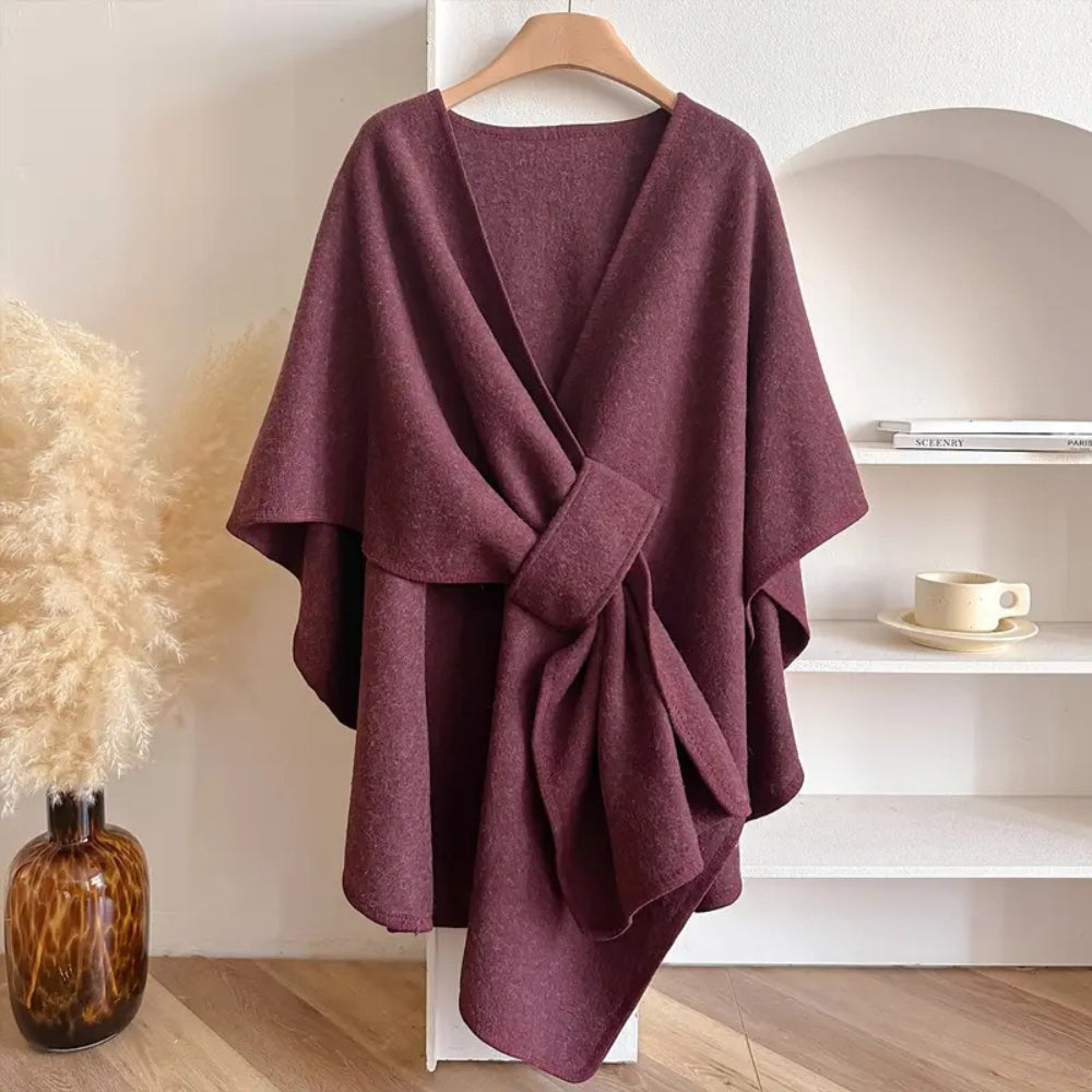 WW | Wool Poncho Scarf Coat with Waist Tie - Knee-Length Draped Cape for Stylish Warmth