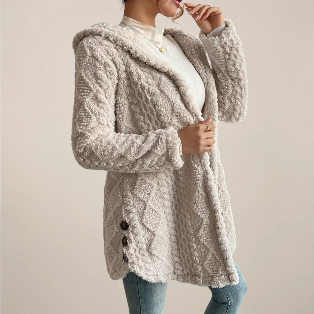 WW | Damen Hoodie Jacquard Plüsch Jacke Cozy Cardigan