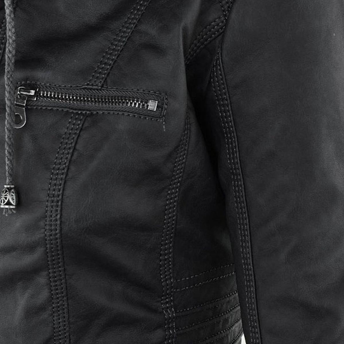 WW | Damen Kapuzen PU-Lederjacke mit Reißverschluss