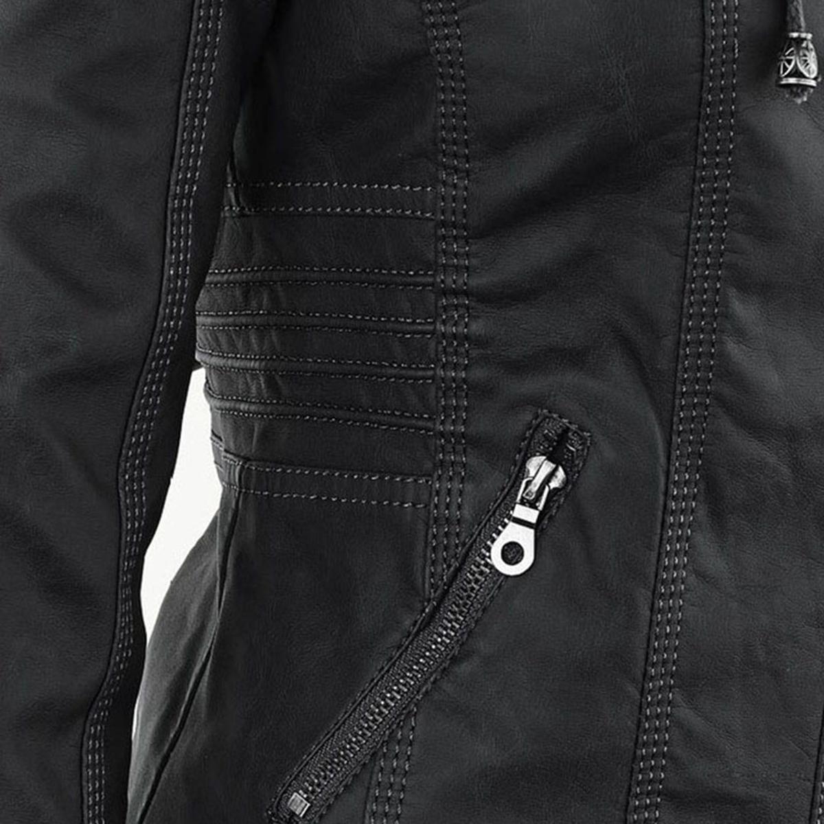 WW | Damen Kapuzen PU-Lederjacke mit Reißverschluss