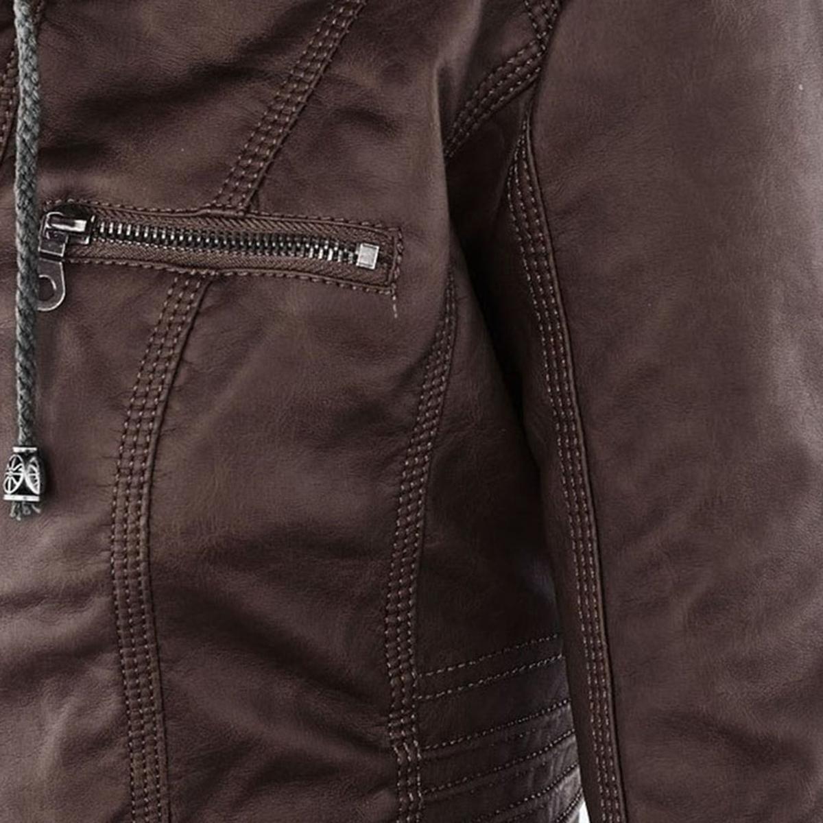 WW | Damen Kapuzen PU-Lederjacke mit Reißverschluss