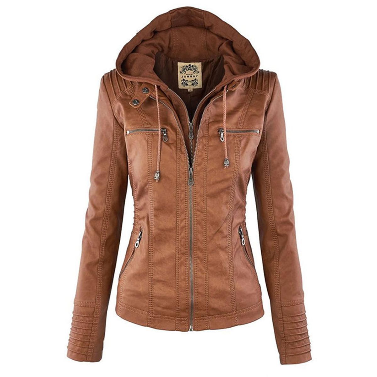 WW | Damen Kapuzen PU-Lederjacke mit Reißverschluss
