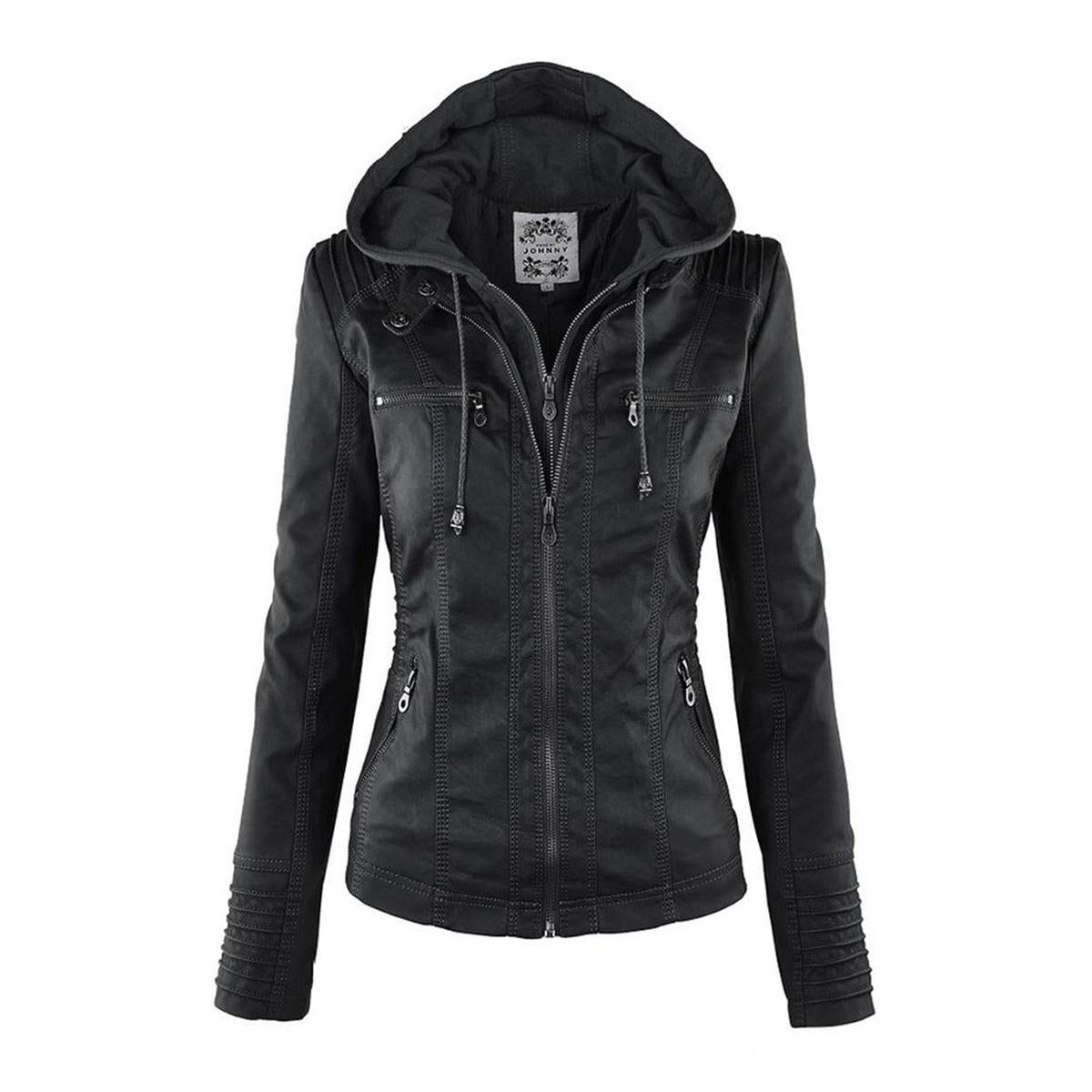 WW | Damen Kapuzen PU-Lederjacke mit Reißverschluss