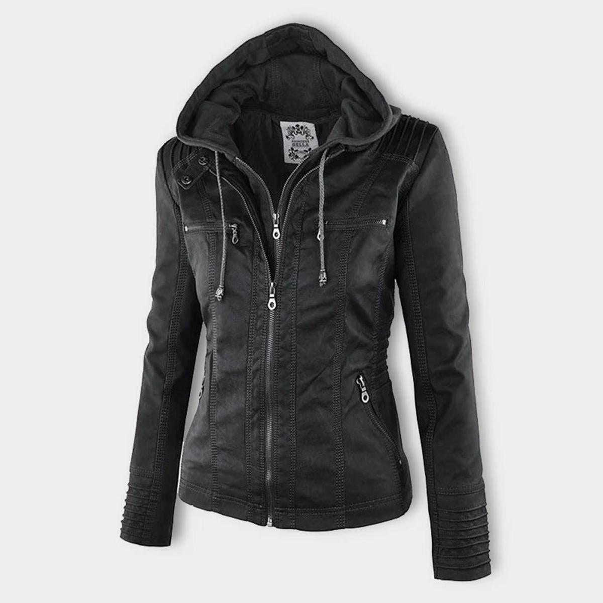 WW | Damen Kapuzen PU-Lederjacke mit Reißverschluss