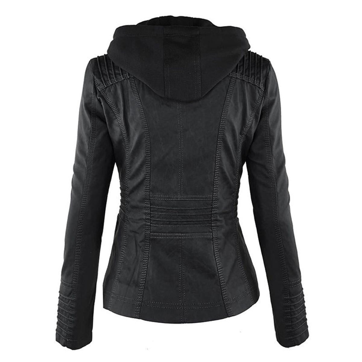 WW | Damen Kapuzen PU-Lederjacke mit Reißverschluss