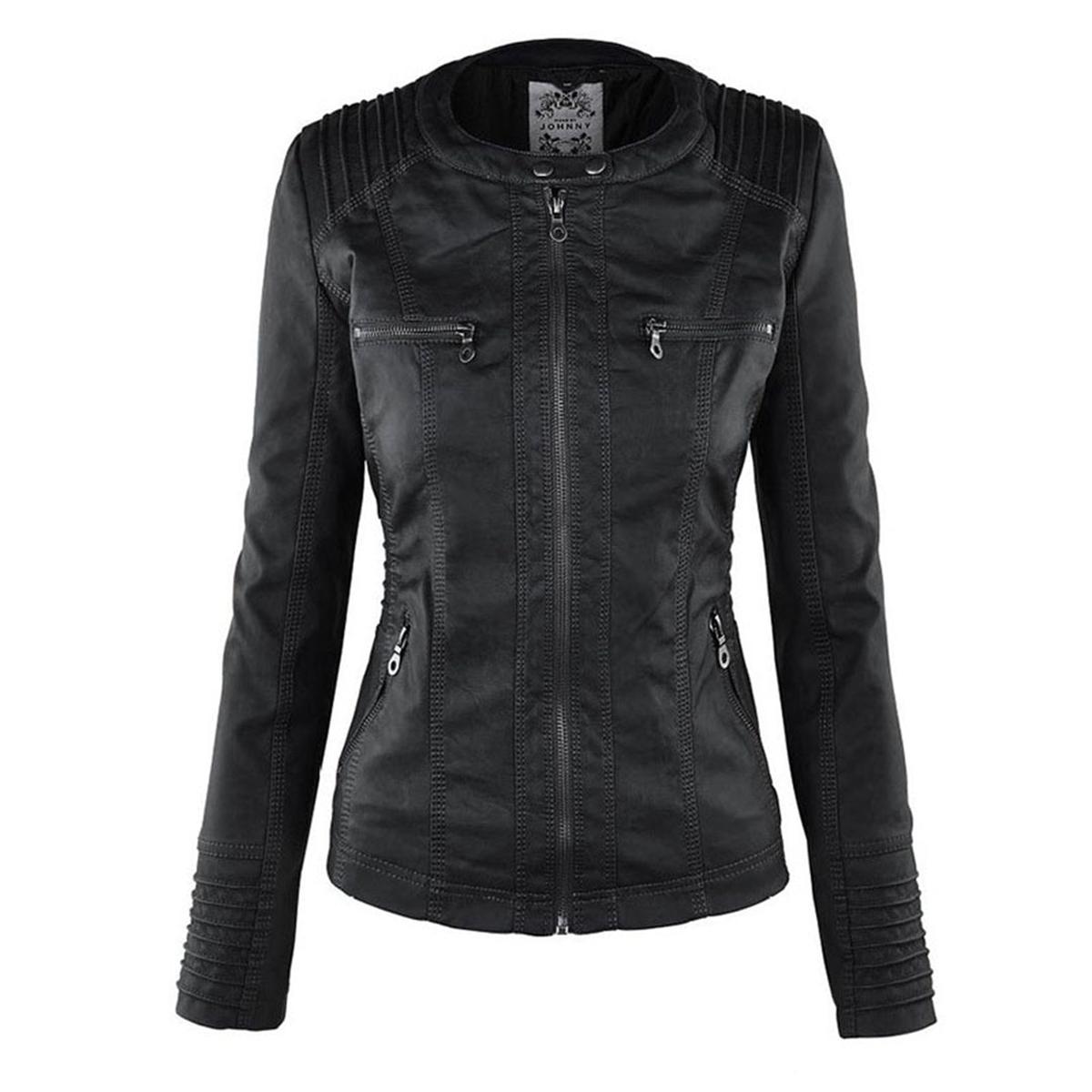 WW | Damen Kapuzen PU-Lederjacke mit Reißverschluss
