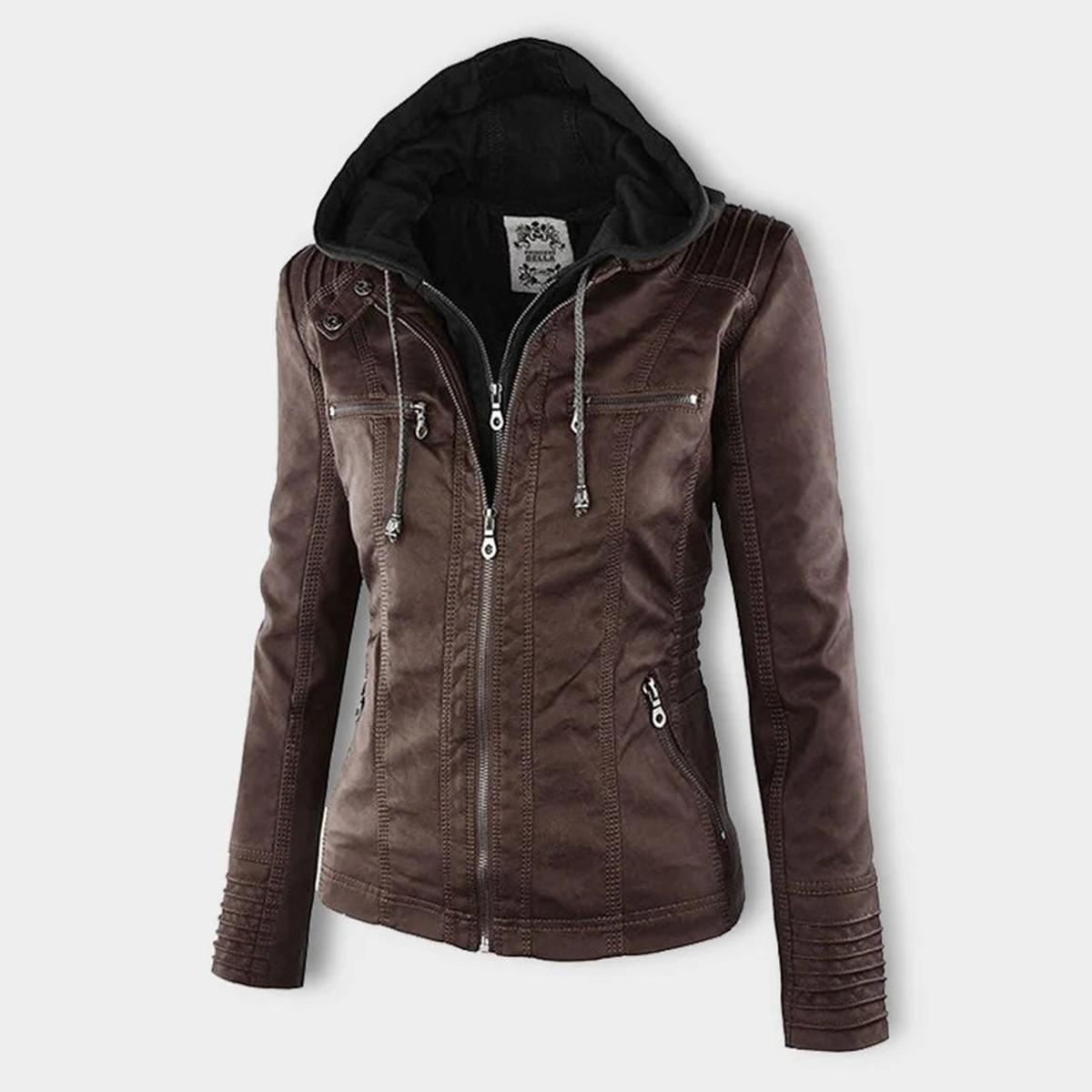 WW | Damen Kapuzen PU-Lederjacke mit Reißverschluss