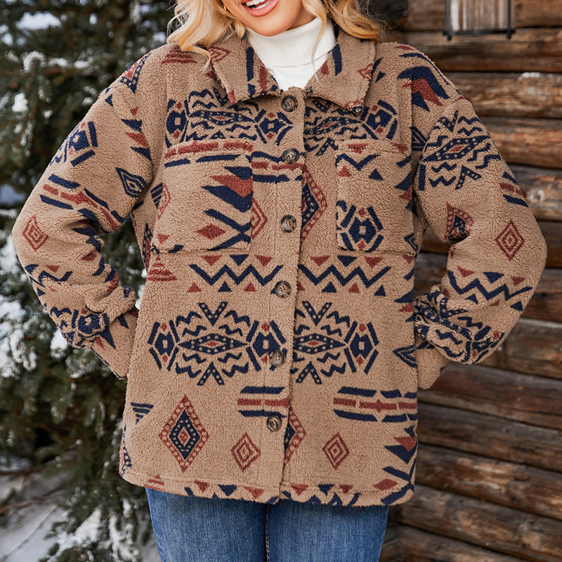 WW | Damen Oversized Plüsch Jacke Fuzzy Geometrisches Muster
