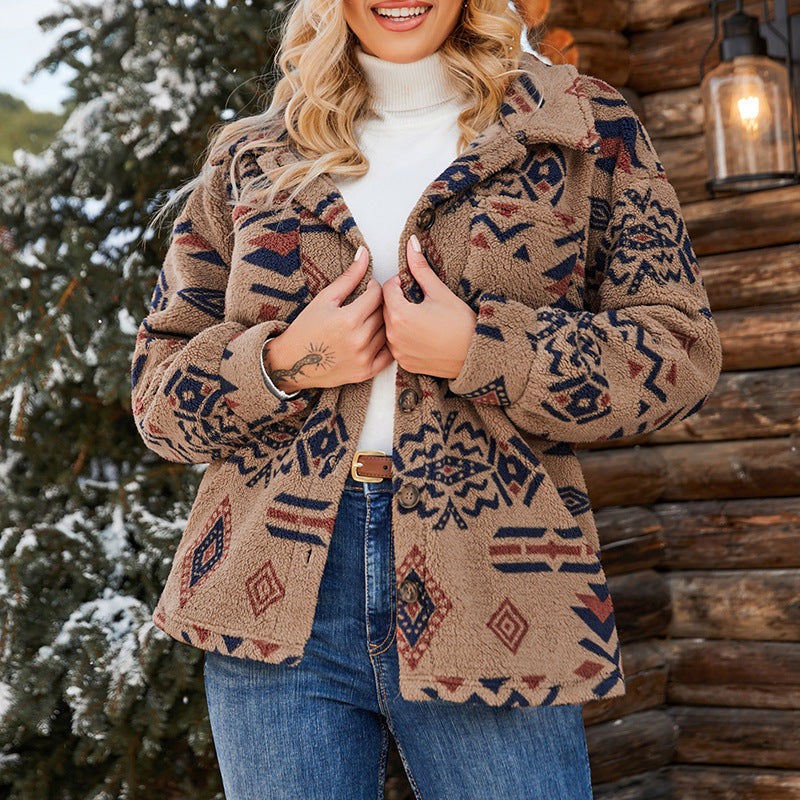 WW | Damen Oversized Plüsch Jacke Fuzzy Geometrisches Muster