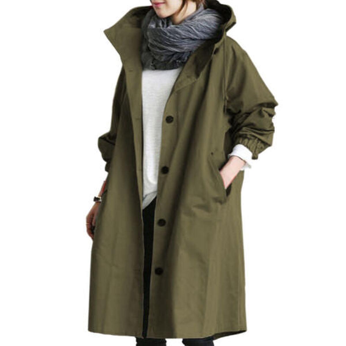WW | Damen Langer Trenchcoat mit Kapuze Für Übergangsjahreszeiten