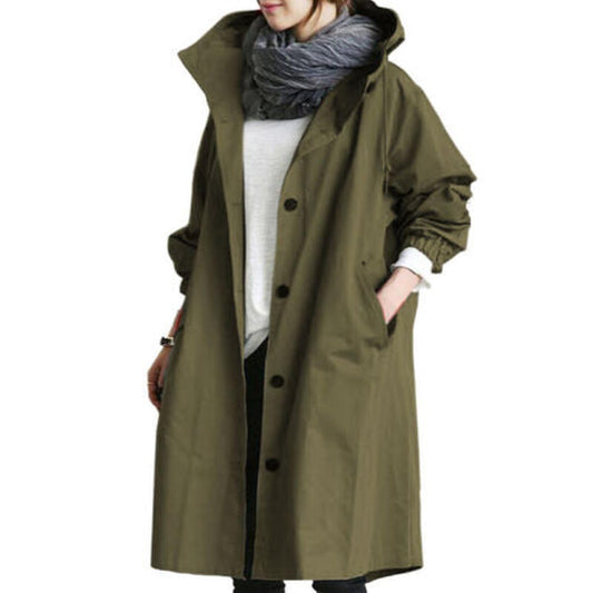 WW | Damen Langer Trenchcoat mit Kapuze Für Übergangsjahreszeiten