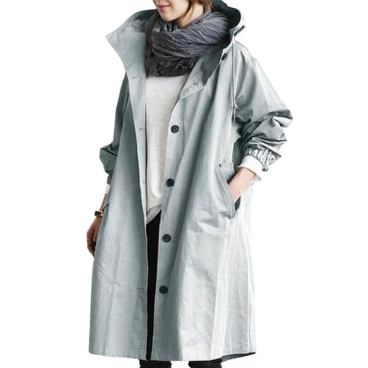 WW | Damen Langer Trenchcoat mit Kapuze Für Übergangsjahreszeiten