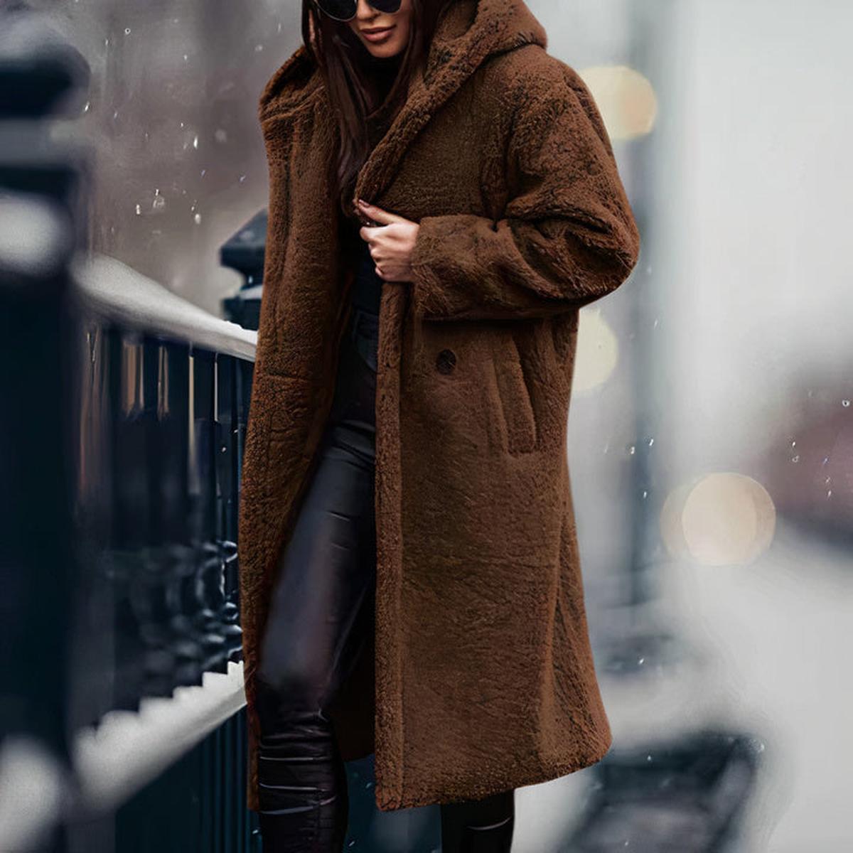 WW | Damen Übergröße Teddy Fleece Mantel mit Kapuze