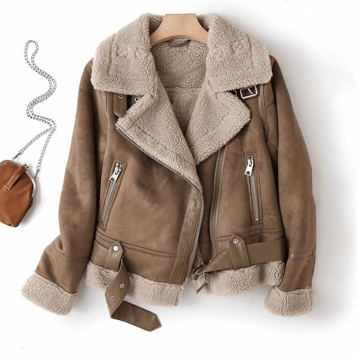 WW | Women's Sherpa Lined Leather Jacket with Ribbed Cuffs