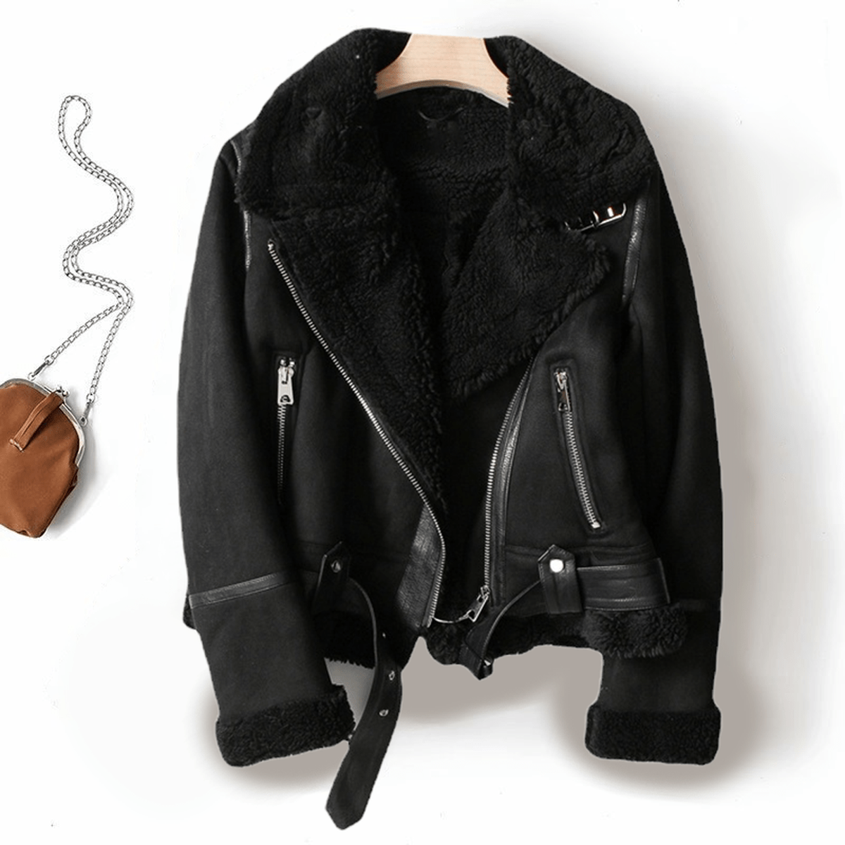 WW | Women's Sherpa Lined Leather Jacket with Ribbed Cuffs