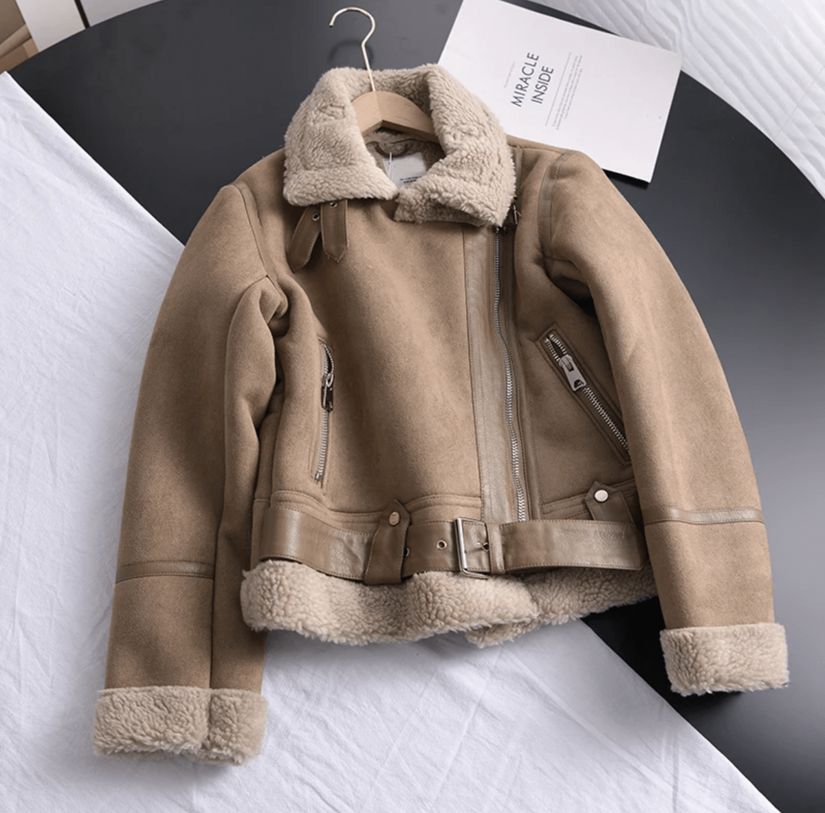 WW | Women's Sherpa Lined Leather Jacket with Ribbed Cuffs