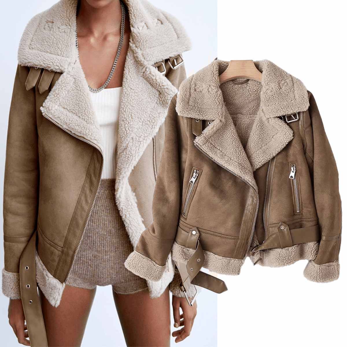 WW | Women's Sherpa Lined Leather Jacket with Ribbed Cuffs
