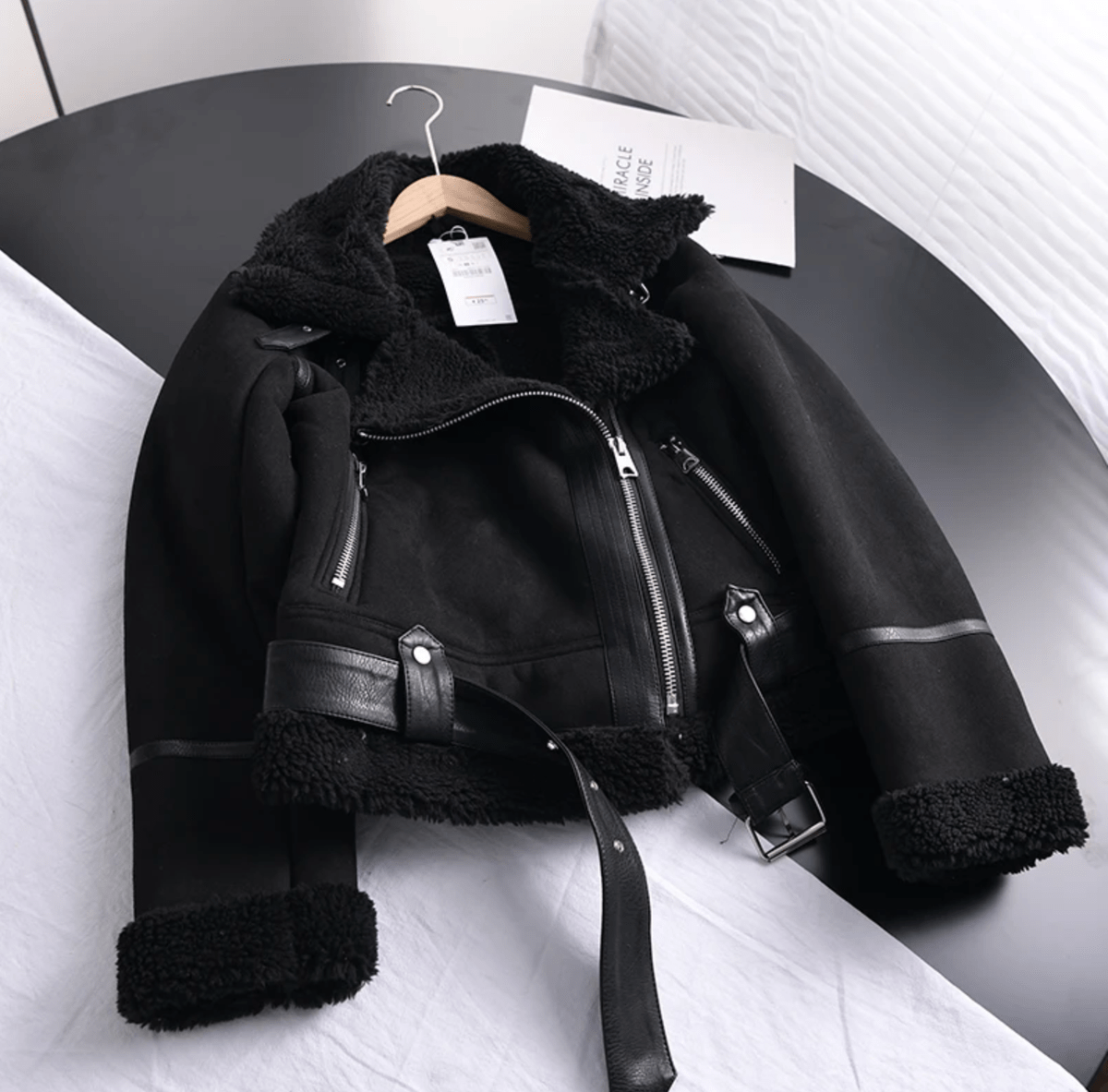 WW | Women's Sherpa Lined Leather Jacket with Ribbed Cuffs
