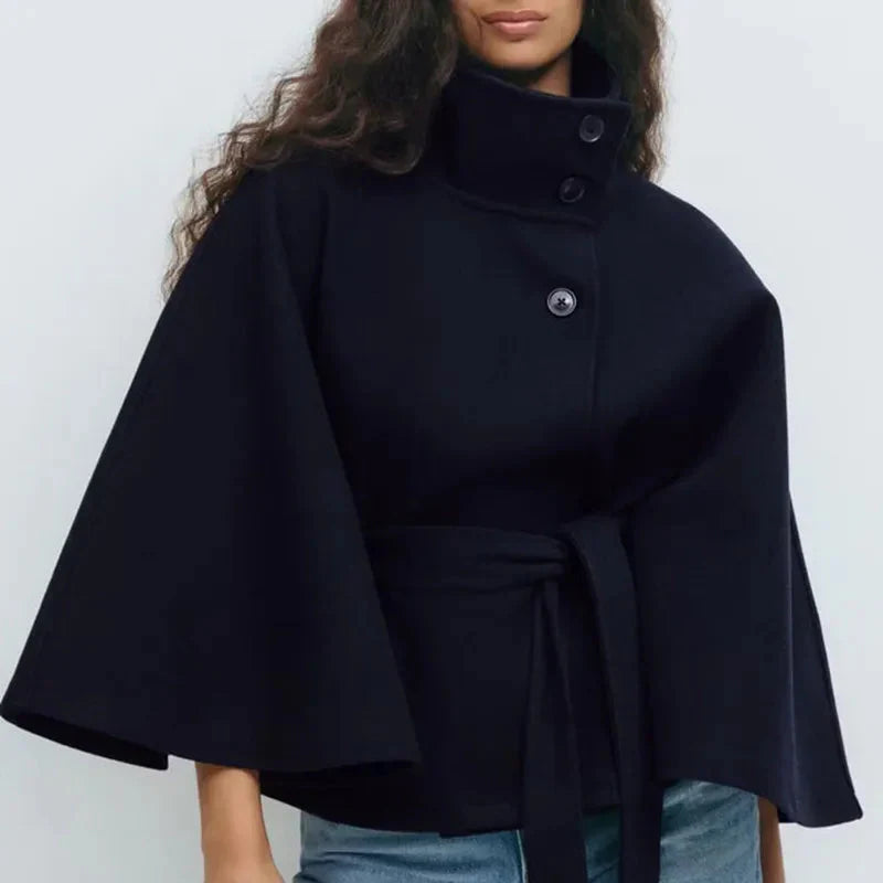 WW | Damen Bleistift-Hals Kurze Cape Jacke Mit Gürtel Taille