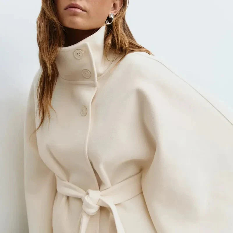 WW | Women's Pencil Neck Short Cape Jacket With Belted Waist
