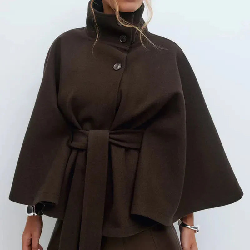 WW | Women's Pencil Neck Short Cape Jacket With Belted Waist