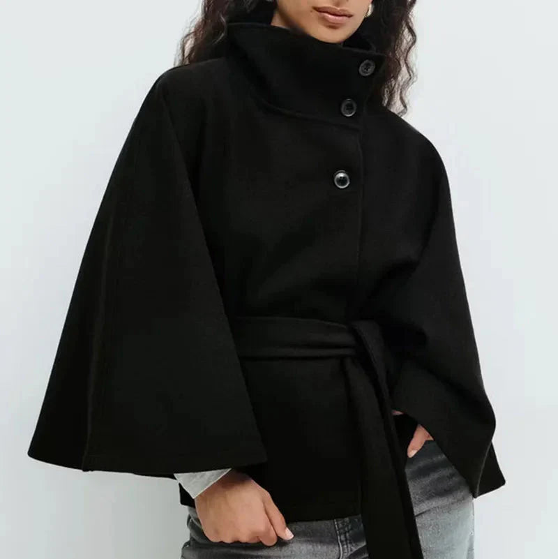 WW | Women's Pencil Neck Short Cape Jacket With Belted Waist