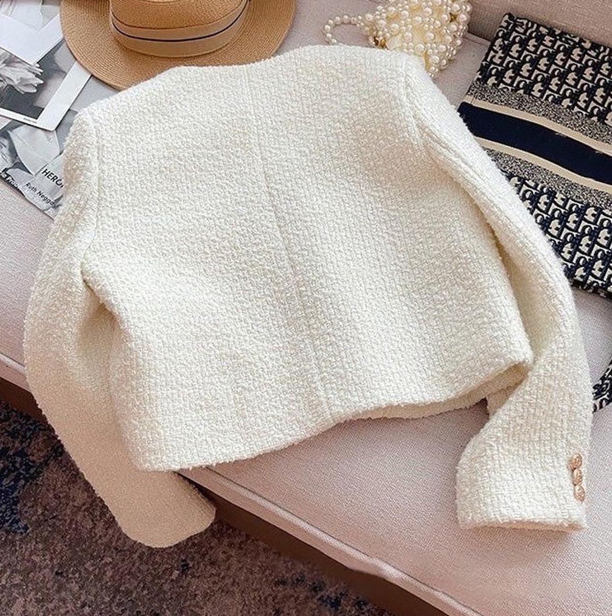 WW | Damen Tweed Jacke mit Rundhalsausschnitt und Knopf Leiste