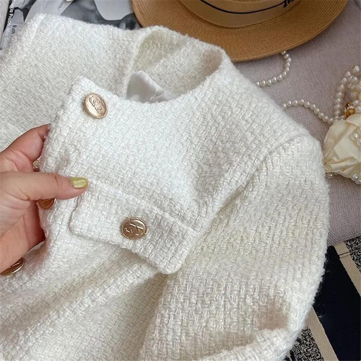 WW | Damen Tweed Jacke mit Rundhalsausschnitt und Knopf Leiste