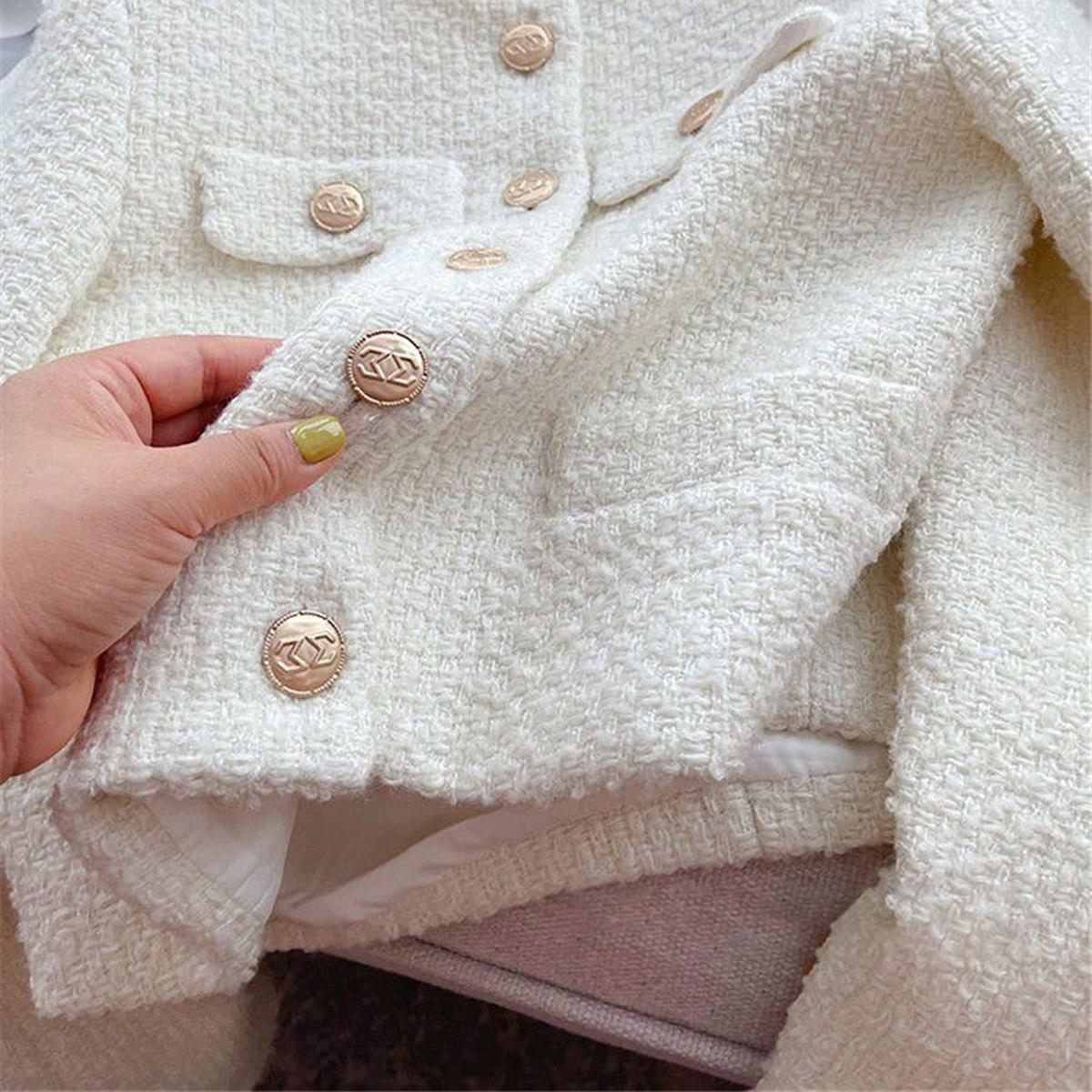 WW | Damen Tweed Jacke mit Rundhalsausschnitt und Knopf Leiste