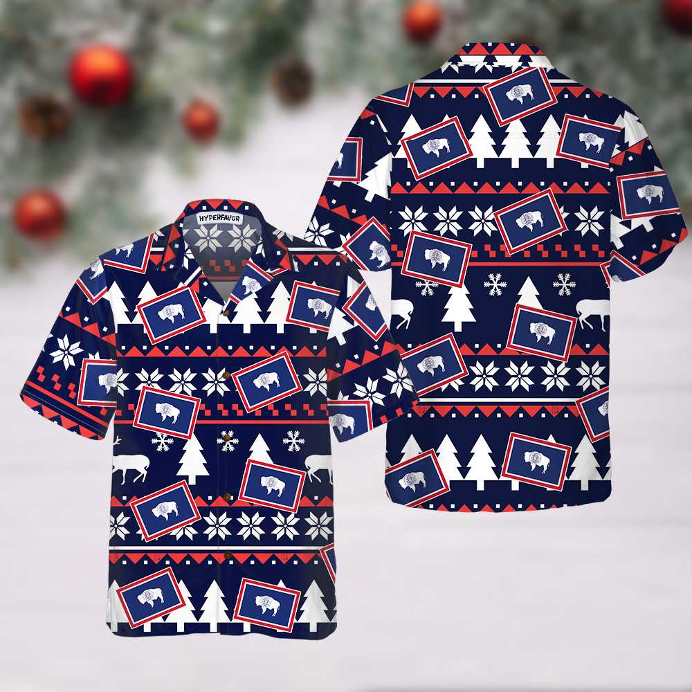 WW | Wyoming Hässlicher Weihnachtsmuster Hawaiian Shirt, Wyoming State Weihnachtshemd für Herren