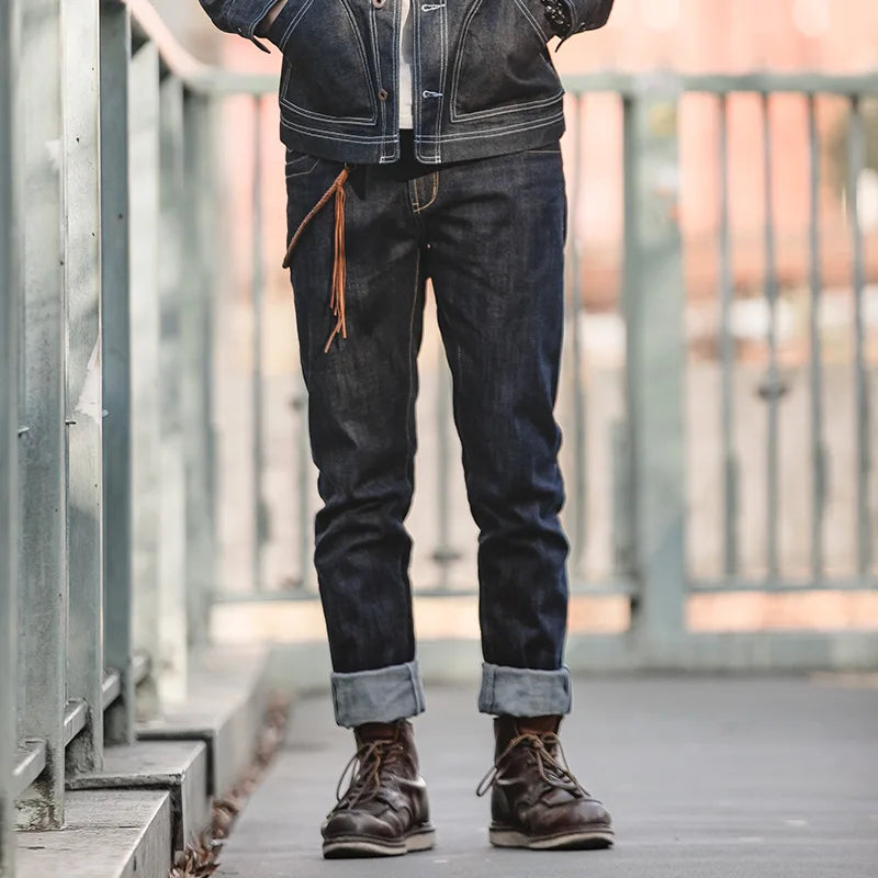 WW | Raw Selvage Denim Jeans With Graffiti And Pony Hair Patch For Men