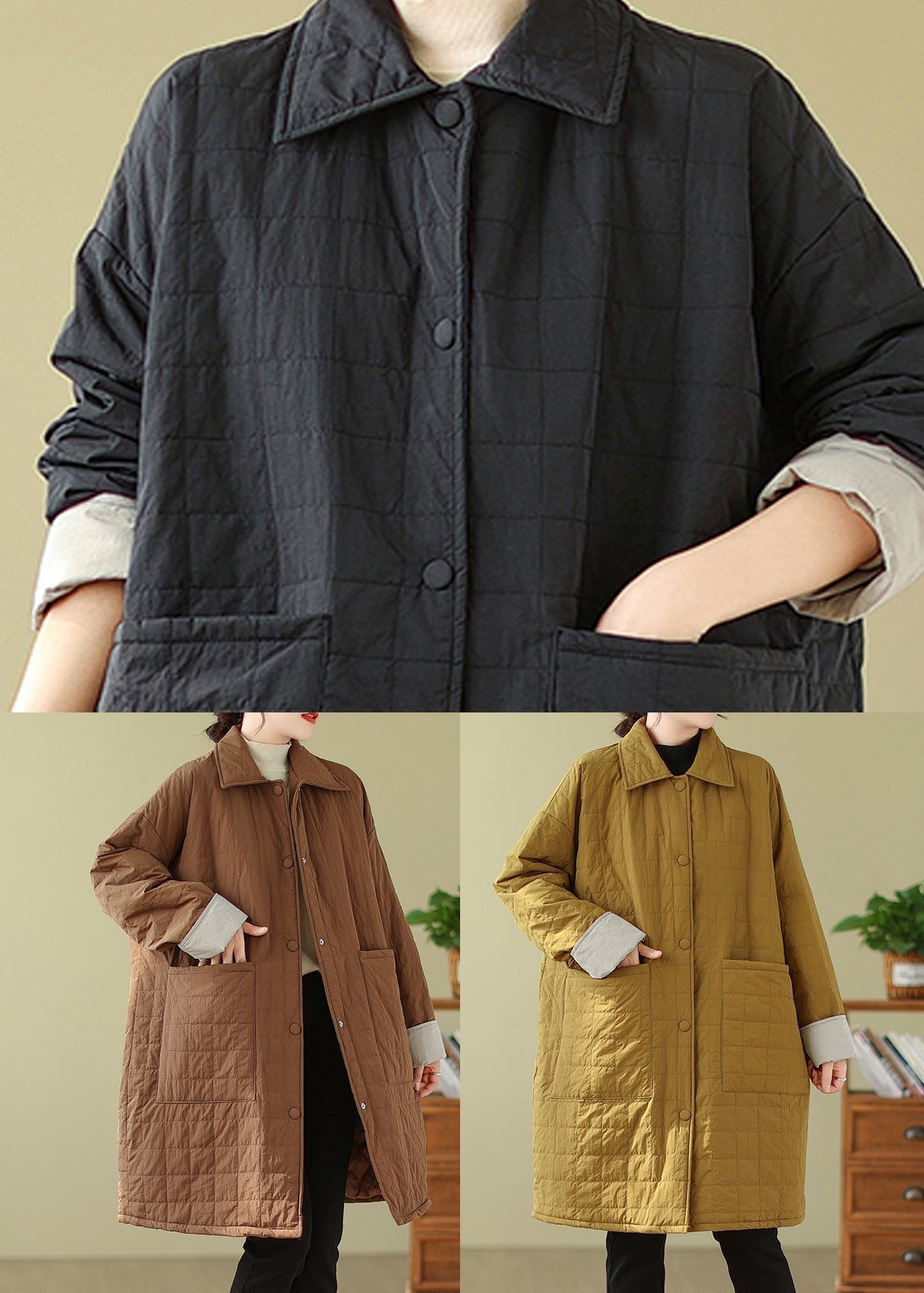 WW | Pocket Patchwork Fine Cotton-Filled Coats Peter Pan Collar Winter