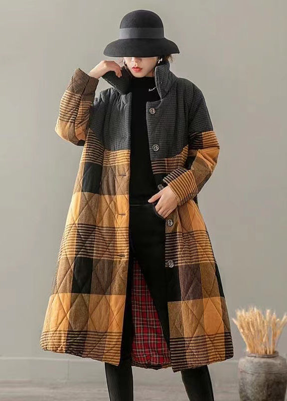 WW | Plaid Patchwork Fine Cotton Padded Coats Button Winter