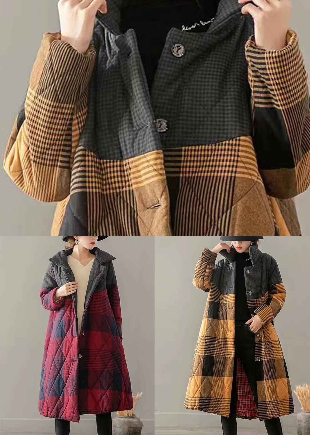WW | Plaid Patchwork Fine Cotton Padded Coats Button Winter