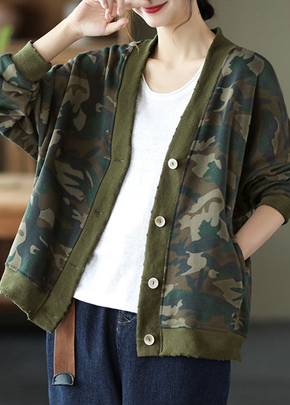 WW | V-Neck Pockets Button Print Casual Coats
