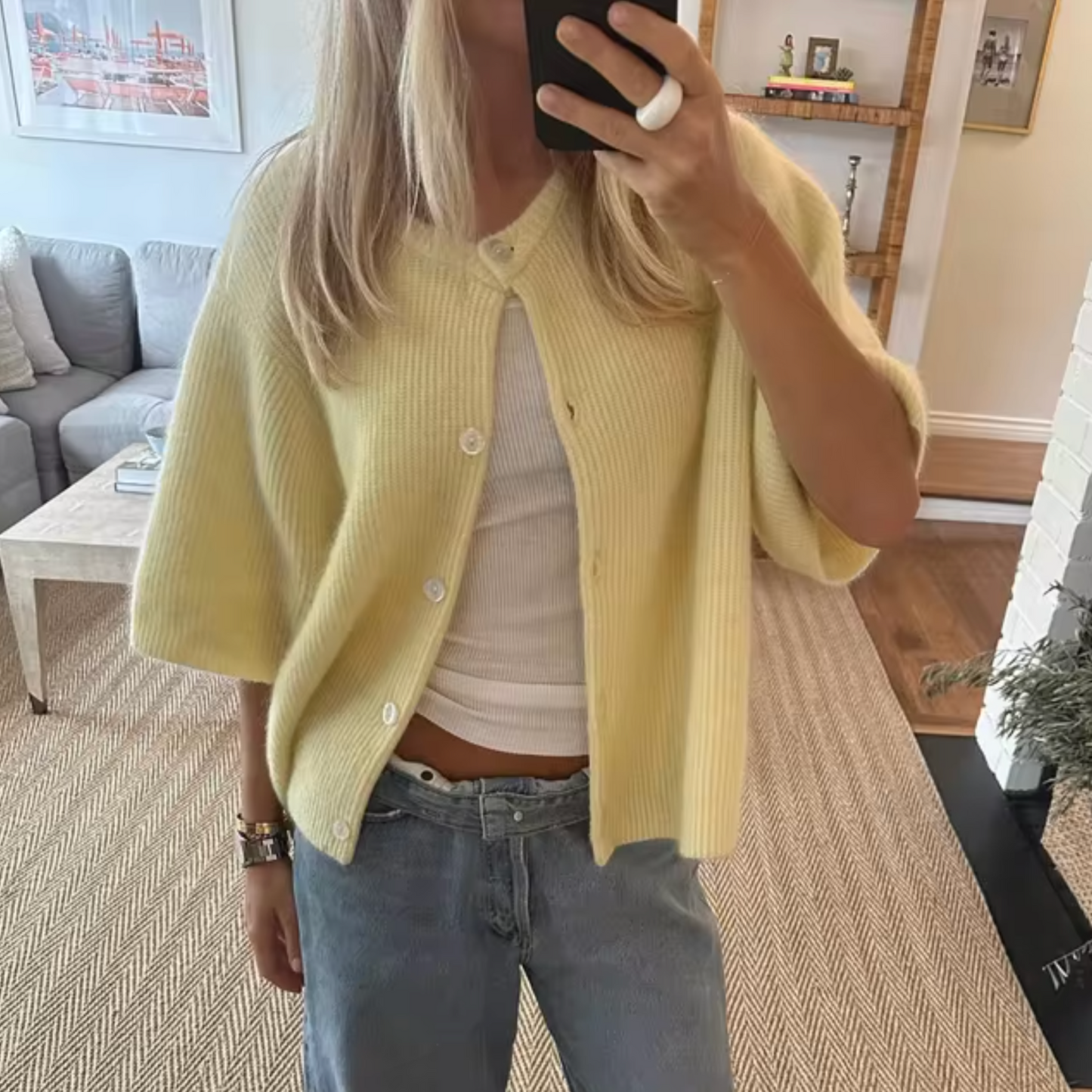 WW | Damen Weich Gestrickte Jacke mit Kurzen Ärmeln und Knöpfen