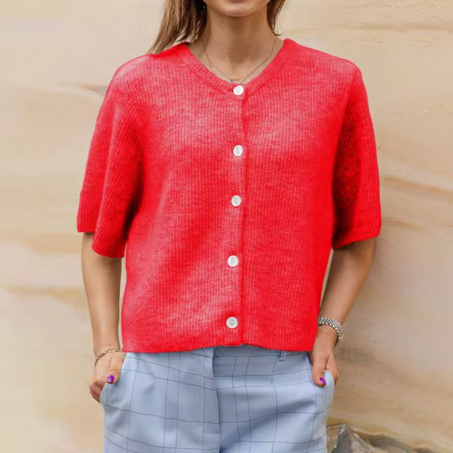 WW | Damen Weich Gestrickte Jacke mit Kurzen Ärmeln und Knöpfen