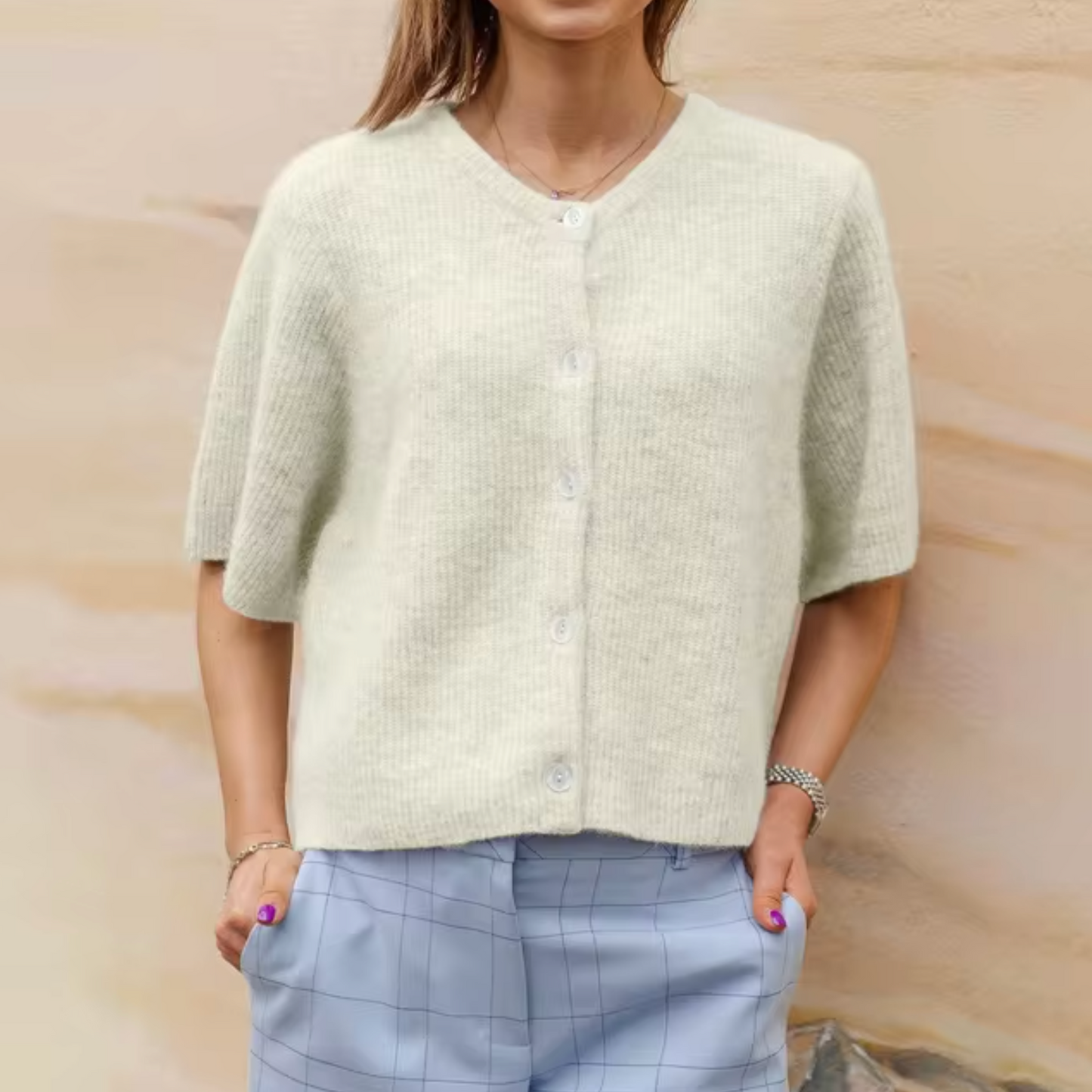 WW | Damen Weich Gestrickte Jacke mit Kurzen Ärmeln und Knöpfen