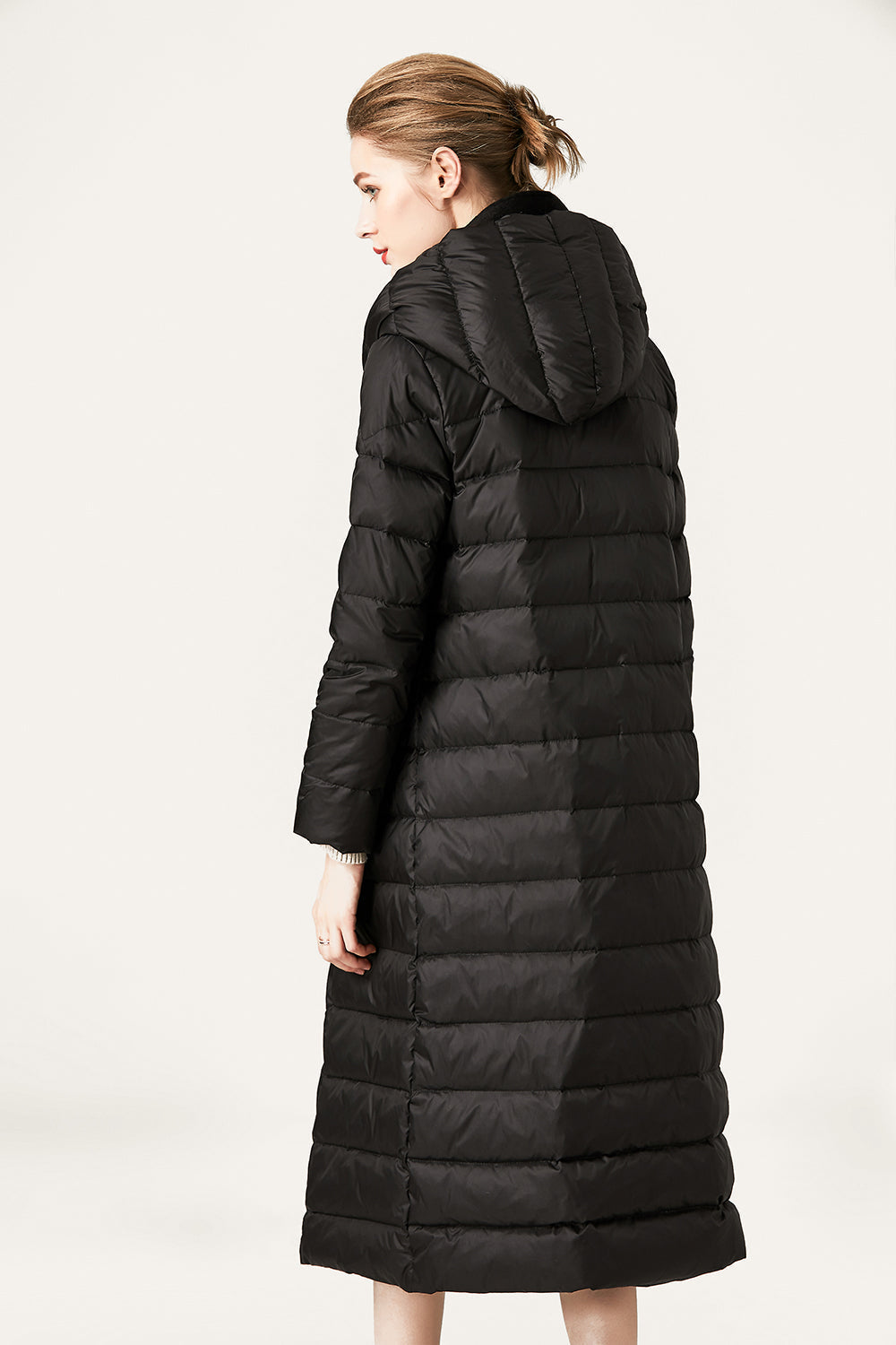 WW | Damen Lange Wattierte Pufferjacke mit Knöpfen und Kapuze Aus Faux-Fur