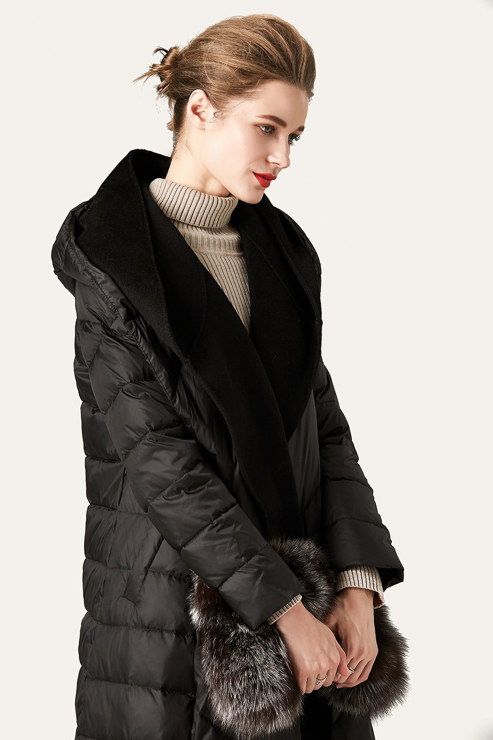 WW | Damen Lange Wattierte Pufferjacke mit Knöpfen und Kapuze Aus Faux-Fur