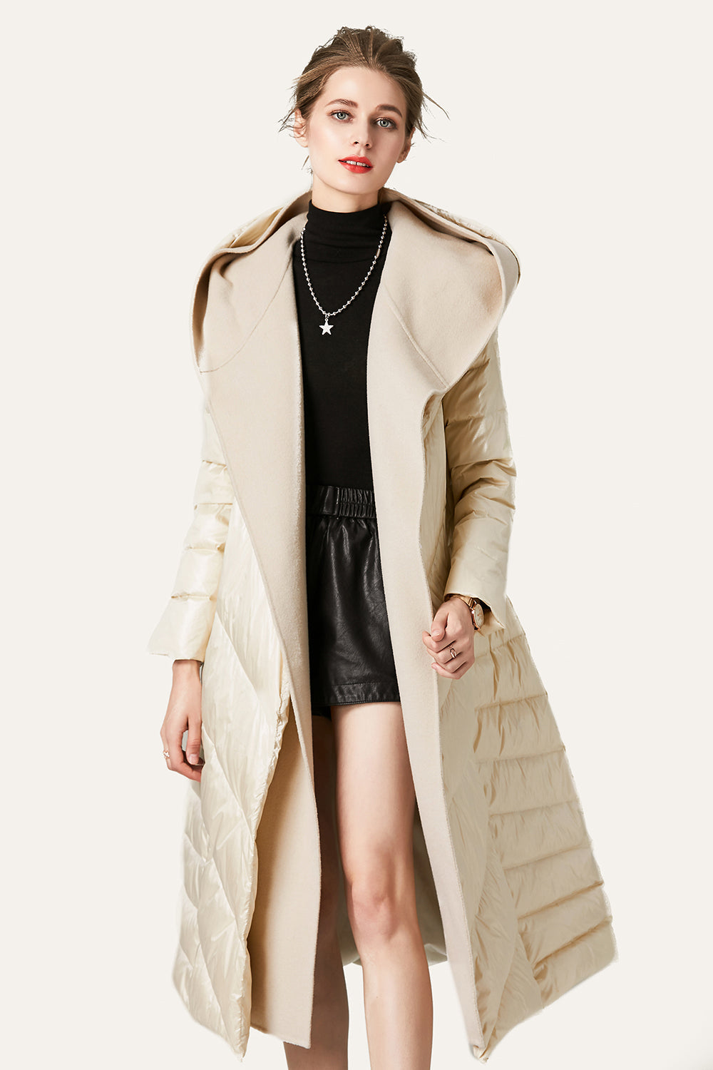 WW | Damen Lange Wattierte Pufferjacke mit Knöpfen und Kapuze Aus Faux-Fur