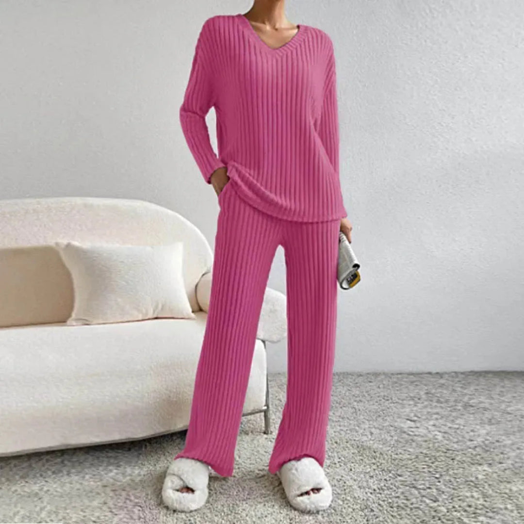 WW | Zweiteiliges Loungewear-Set aus Baumwollmischung mit V-Ausschnitt und Weitbeinhosen