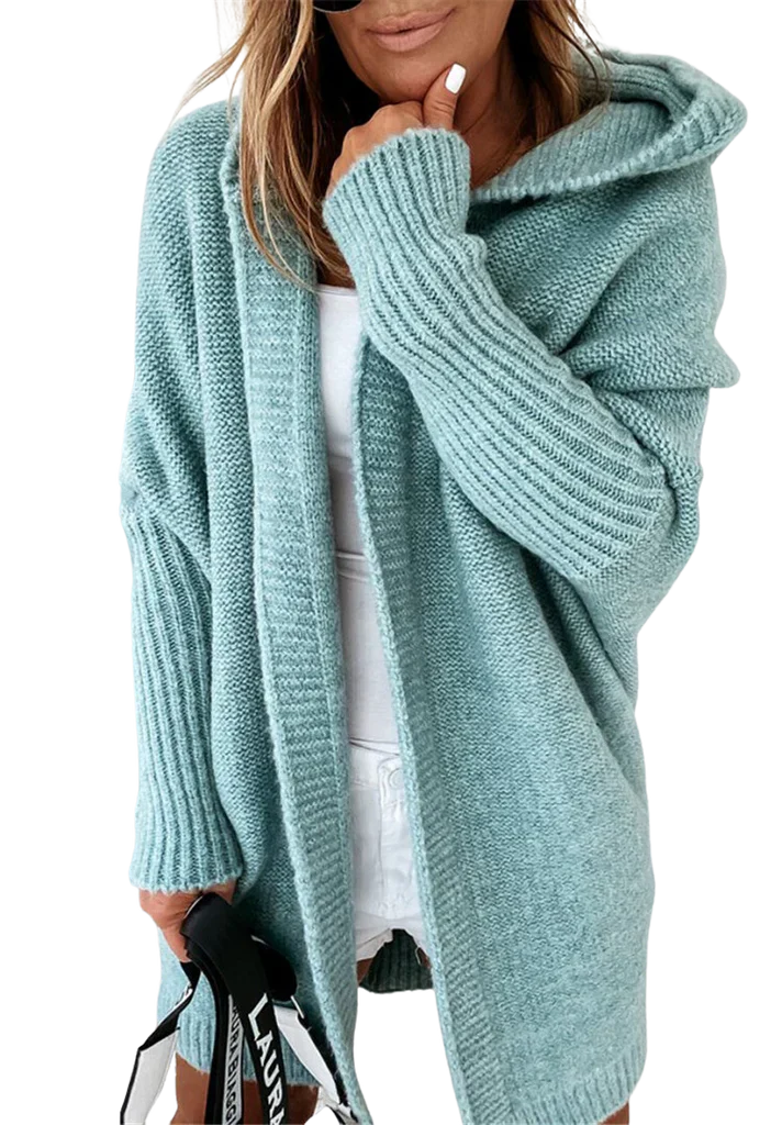 WW | Strickjacke Übergröße Passform Strickwollmischung Kapuze und Offene Vorderseite