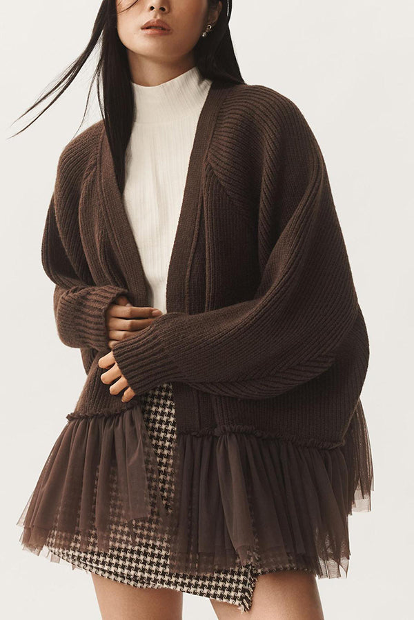 WW | Knit cardigan with mesh ruffle and long sleeves