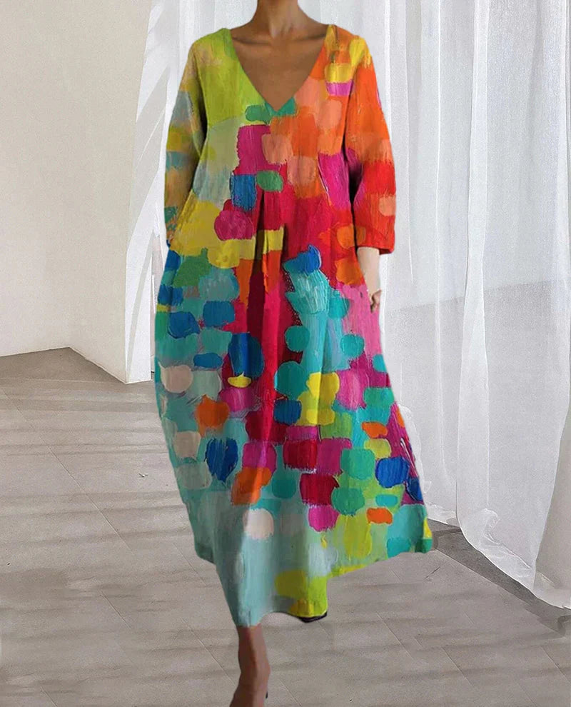WW | Bunt Bedrucktes Kleid mit V-Ausschnitt