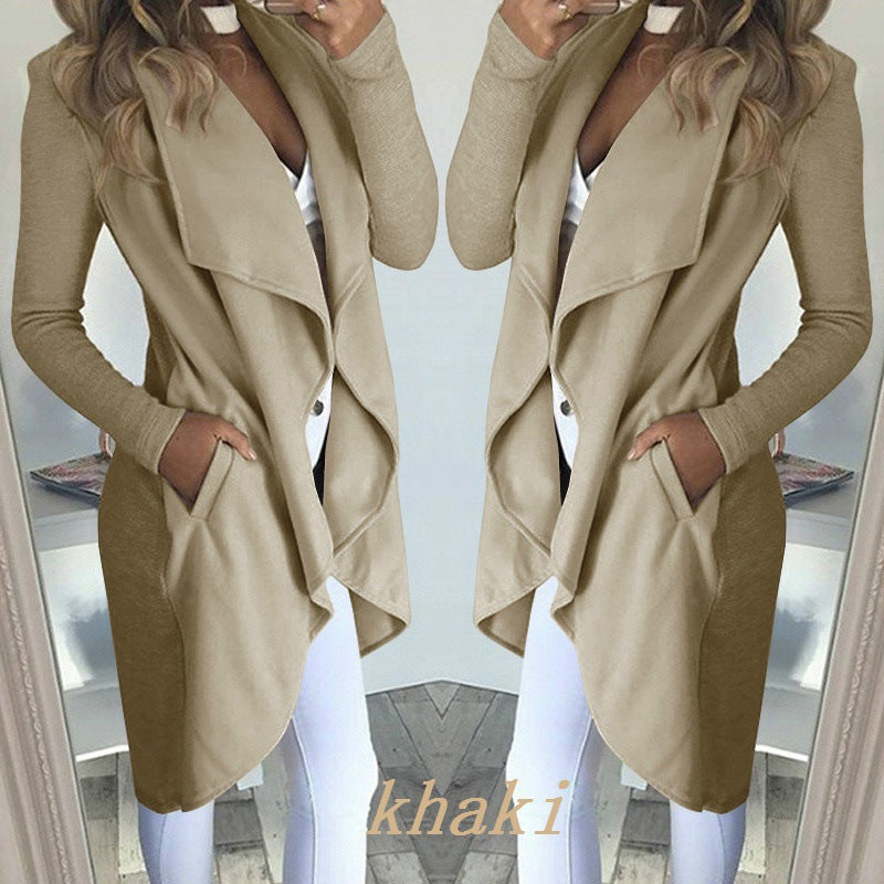 WW | Solid Lapel Slim Long Windbreaker Jacket