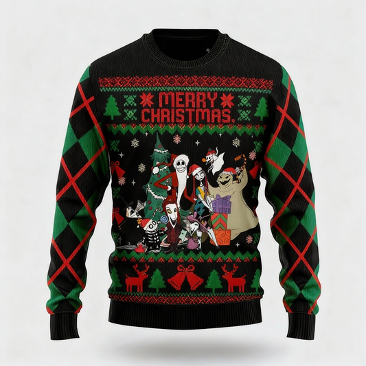 WW | Santa Claus Cartoon-Musterdesign - Maximalistisches Weihnachtsdruck-Hässlicher Pullover