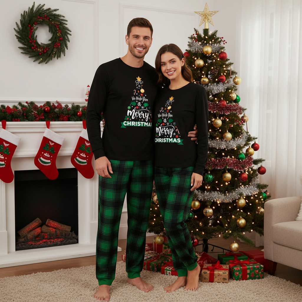 WW | "We wish you a Merry Christmas" Printed Pattern Black Long Sleeve Top with Black and Green Plaid Pants Couple Matching Pajamas